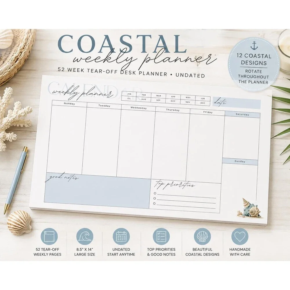 Undated Coastal Weekly Planner, 52 Week Tear-Off Desk Organizer (8.5